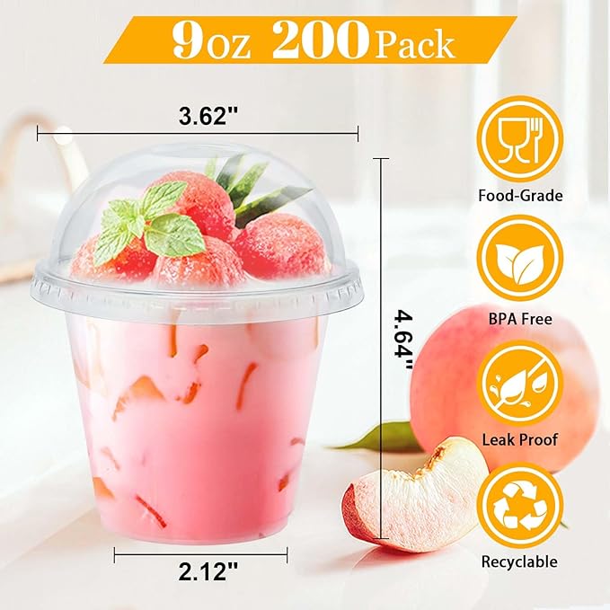 Clawsoff 200 Pack 9 oz Plastic Cups with Dome Lids, Disposable Dessert Cup No Hole, Fruit Cup, Clear Parfait Cups for Cake, Cold Drink, Ice Cream, Salad