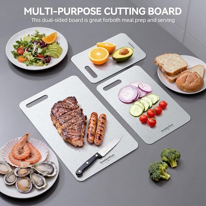 Titanium Cutting Board, 100% Pure Titanium Cutting Boards for Kitchen, Double-Sided Non-Toxic Cutting Board, Ideal for Slicing and Dicing Meats, Features Handle, Dishwasher Safe - 10.5"L*6.5"W（silver）