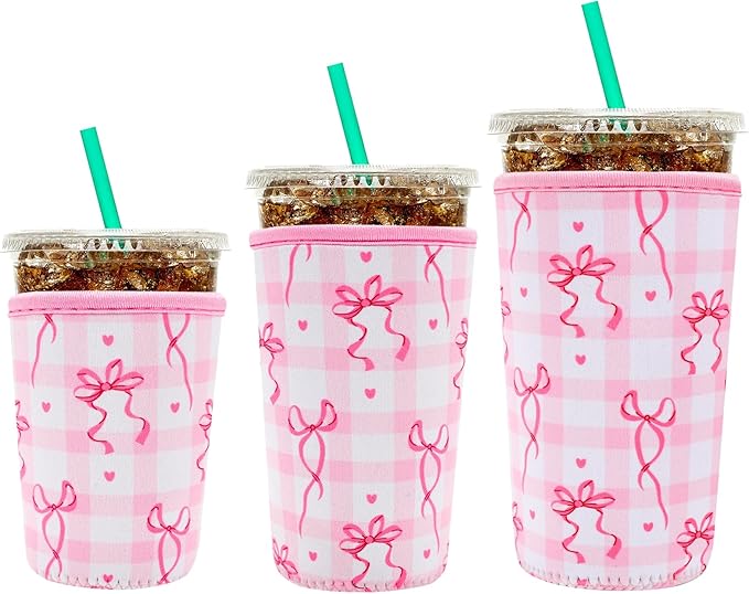 YR Reusable Neoprene Insulator Sleeve for Iced Coffee Cups, 3 Pack Coffee Coolies sleeves for Iced & Hot Drinks, Cold Beverage Cooler Compatible with Starbucks Coffee and More (Cute Bows)
