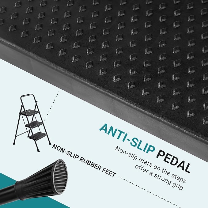 SMUG Step Ladder, 3 Step Stool Foldable with Anti-Slip Pedal & Comfortable Handrail, 800lbs Capacity Sturdy Steel Ladder, Protable Heavy Duty Step Stool for Kitchen, Garage & Outdoor Use, Black