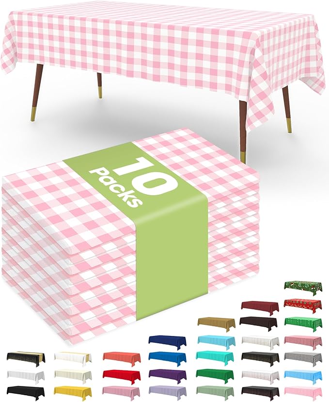Pureegg Plastic Table Cloth Disposable 10 Pack, 54 x 108 Inch Table Cloths, Party, Picnic, Decorative Gingham Tablecloths, Rectangle, Pink and White Checkered Cover, Leakproof & Sturdy, Pink Plaid