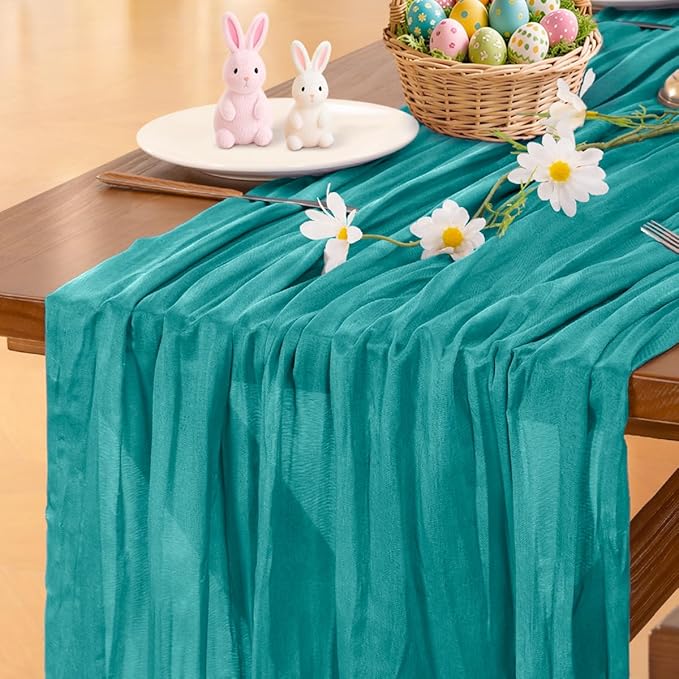 Socomi 2pcs Teal Blue Summer Cheesecloth Table Runner Boho Rustic Gauze 120 inch 10FT Cheese Cloth Sheer Runner for Wedding Party Baby Shower Birthday Home Decor