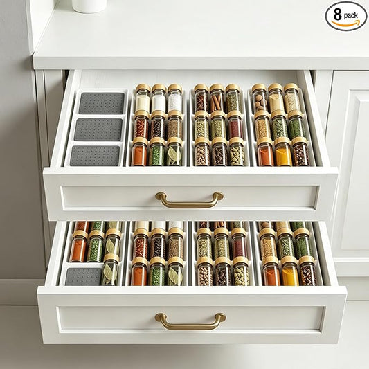 Spice Drawer Organizer,8 Pack,3 Tier Non-Slip Silicone Seasoning Jar Drawer Insert,Spice Rack Organization for Drawer,Kitchen Spice Rack Tray for Cabinet Countertop Makeup Storage
