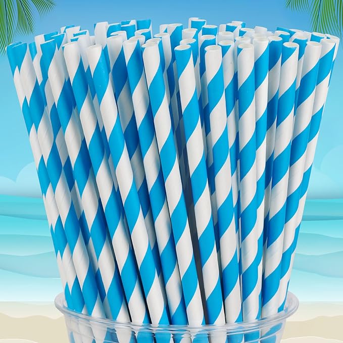 100 Packs Blue Biodegradable Striped Paper Straws, Disposable Drinking Straws for Birthday Carnival Summer Pool Party Wedding Baby Shower Halloween Christmas Party Decoration Supplies