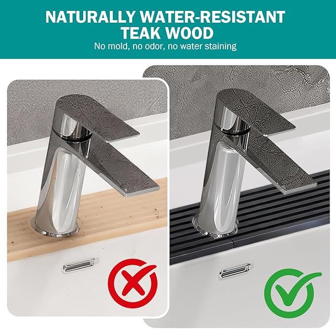 PEKER Teak Wood Faucet Mat for Kitchen Sink 19.7" – Natural Teak Sink Splash Guard Tray, Water-Resistant Wooden Sink Drip Catcher & Organizer for Kitchen & Bathroom Counter