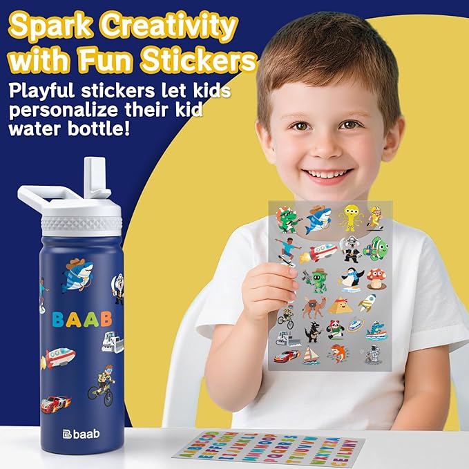 baab 18oz Kids Water Bottle, Insulated Water Bottle with Straw & Stickers, 18/8 Stainless Steel Vacuum Leakproof Kids Water Straw Cup for School, Gift for Boy Girl (Navy Blue+Light Blue, 2 Pack)