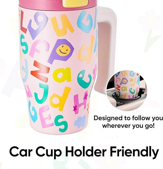Fijinhom 18 oz Toddler Tumbler with Handle, Stainless Steel Insulated Water Bottle Coffee Mug with Straw, Toddler Cups, Kids Water Bottle for School, Sports, Travel, Rosy Letter Crew