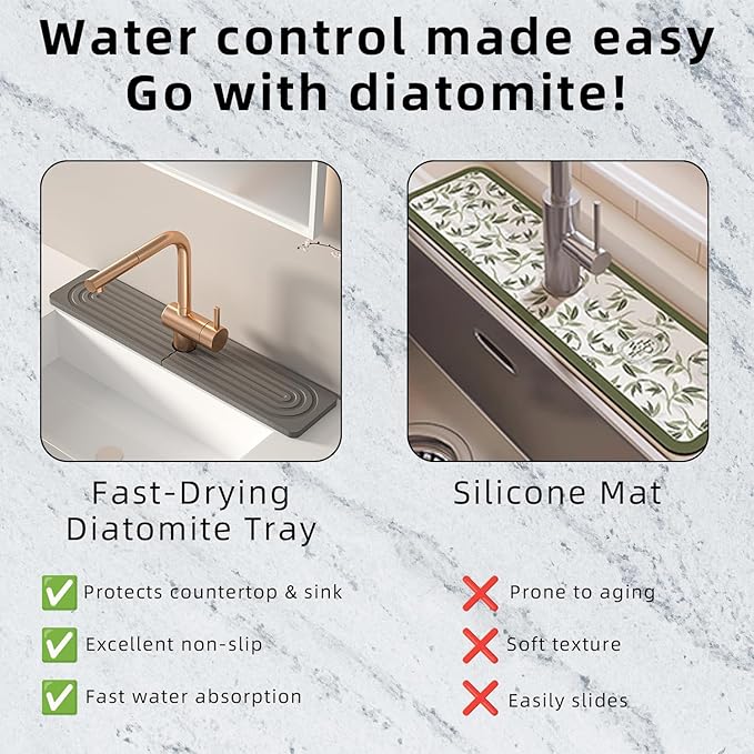 sumelixDiatomaceous Earth Faucet Mat for Kitchen Sink, Super Absorbent Stone Splash Guard | Fast Drying Water Absorbent Tray | Fits Behind Faucet (23.6'' x 4'') (Deep Grey, 23.6" x 4")