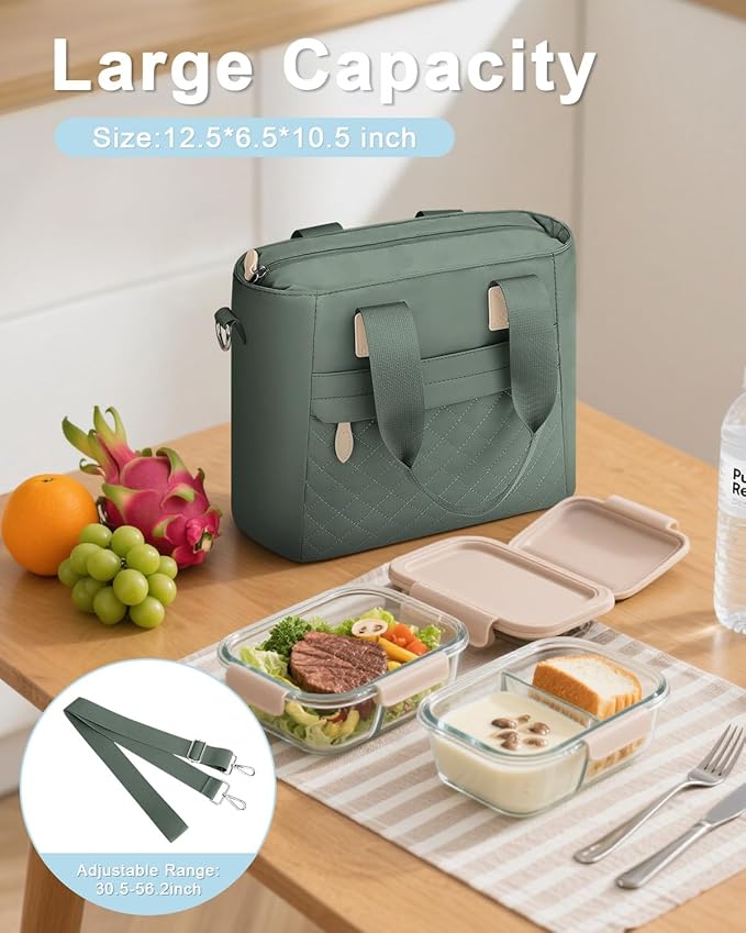 Capolo Insulated Lunch Box for School - Large Thermal Lunch Bag Women with Removable Shoulder Strap, Reusable Lunch Cooler Tote Bags Purse for Adults Work, Picnic, Hiking, Beach, Travel, LargeGreen