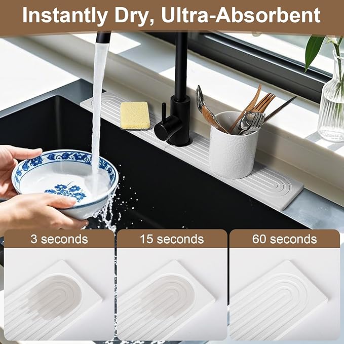 Stone Faucet Mat for Kitchen Sink, Absorbent Faucet Mat Quick Dry Stone Mat Kitchen Sink Protectors, Diatomaceous Earth Faucet Splash Guard Stone Sink Tray Pad for Bathroom Counter RV, White 24"x4"