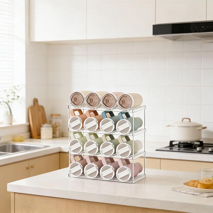 Yieach 4 Tier Waterbottle Organizer for Cabinet - Large Compartment Stackable Water Bottle Holder and Wine Bottle Rack,Acrylic Water Bottle Organizer Rack for 40 oz Stanley Cup,Yeti and Tumbler Shelf