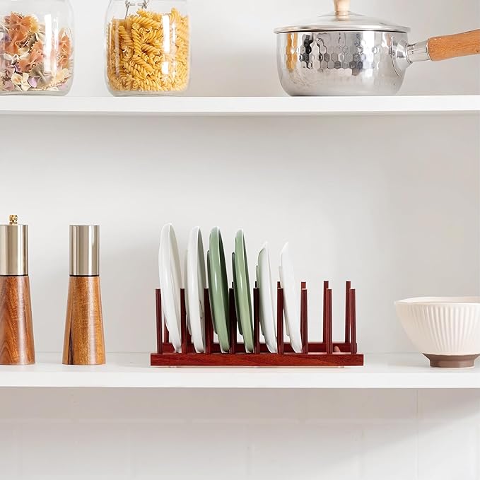 HBlife Padauk Wooden Dish Drying Rack - Home and Kitchen Organizer for Cups, Bowls, Pots, Lids, Cutting Boards & Plates Space-Saving for Cabinets Counters (8 Slots)
