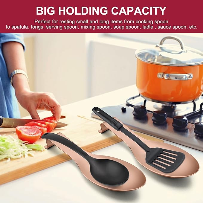 Spoon Rest, E-far Stainless Steel Rose Gold Spoon Ladle Holder, Metal Copper Spatula Rest for Kitchen Stove Top, Large Size & Dishwasher Safe