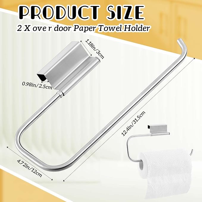 12.4 Inches Cabinet Door Paper Towel Holder Camper Under Sink No Drilling Paper Towel Storage and Dispenser for RV Kitchen Bathroom Laundry Room, Stainless Steel(Silver,2 Pcs)