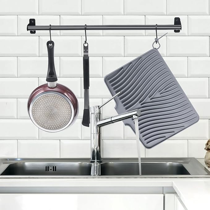 Silicone Dish Drying Mat, Stone Drying Mat for Kitchen Counter with Built-In Drain, Non-Slip Drain Pad with Built-in Drain, Heat Resistant Stone Drying Mat, Hangable, Grey-2pcs, 16" x 12"