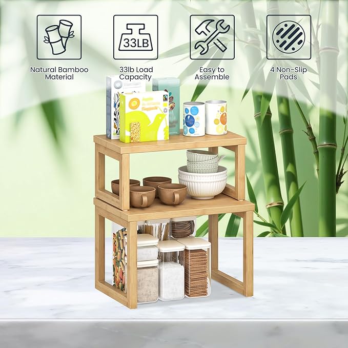 HOOBRO Cabinet Organizer Shelf, Set of 4 Kitchen Counter Shelves, Expandable Kitchen Storage, Stackable Bamboo Spice Rack, for Countertop, Office Desk, Living Room, Natural YL20TLP201