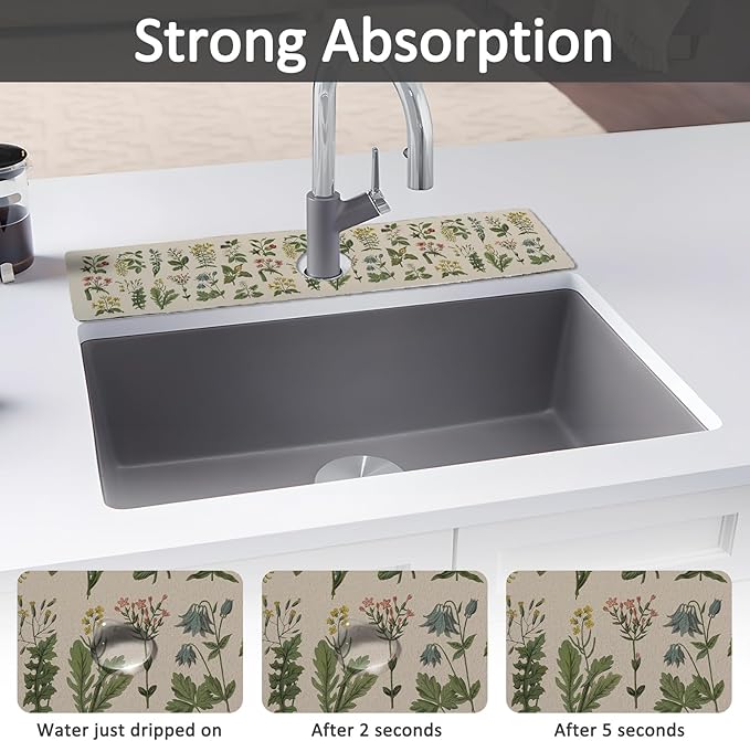 24" X 5.5" Kitchen Sink Splash Guard Faucet Mat Floral Super Absorbent Fast Drying Faucet Guard & Draining Mat Sink Splash Guard Behind Faucet for Kitchen, Bathroom