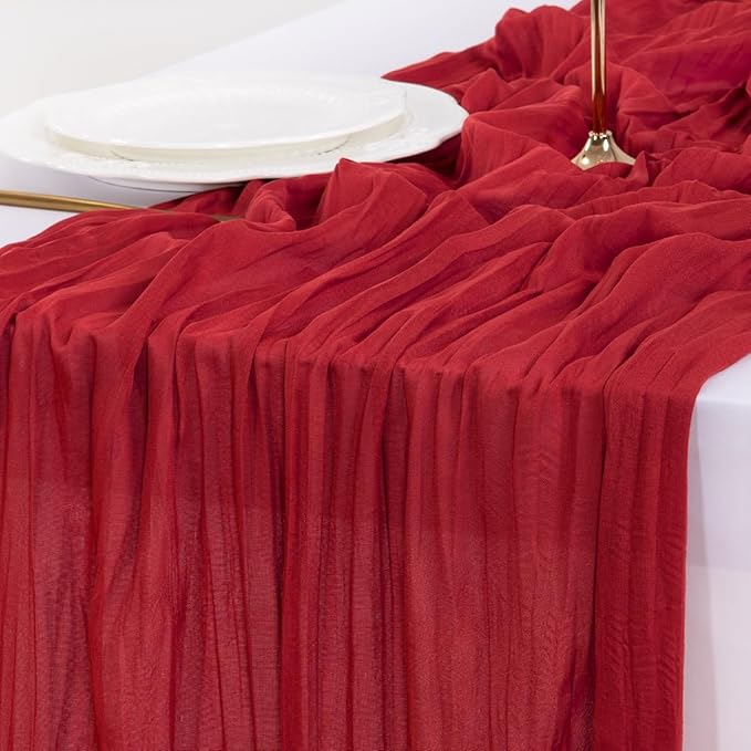 Socomi 6pcs Red Cheesecloth Table Runner Boho Rustic Gauze 120 inch 10FT Cheese Cloth Sheer Runner for Wedding Party Baby Shower Birthday Home Decor Holiday Decorations