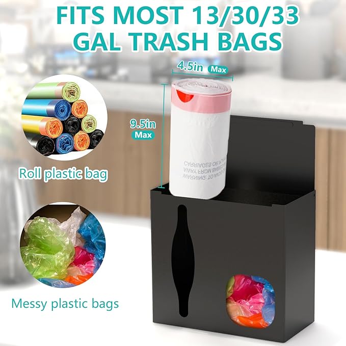 2 in 1 Grocery Bag Holder & Trash Bag Holder Dispenser, Kitchen Grocery Storage Organizer for Cabinet, Under Sink, Wall Mounted or Countertop, Metal Black
