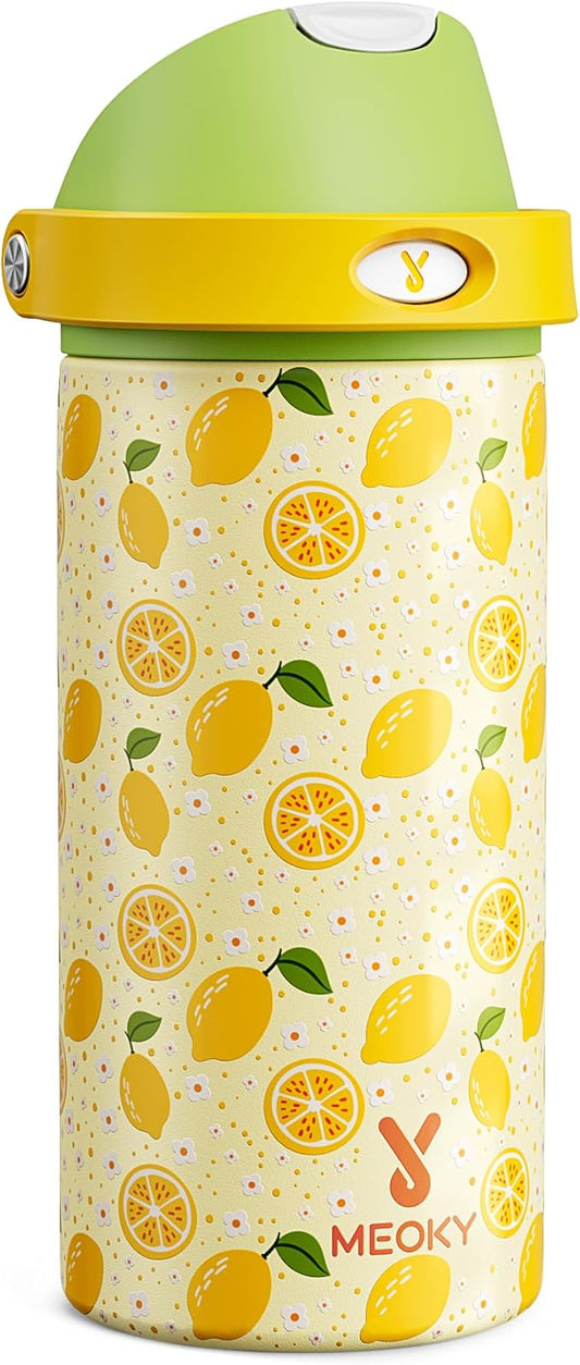 18 oz Stainless Steel Water Bottle for Kids: Meoky Insulated Water Bottle with 2-in-1 Straw and Spout Lid - Leak Proof, Cold for 24 Hours, BPA-Free for Boys Girls School Backpacks Sports, Sunny Lemons