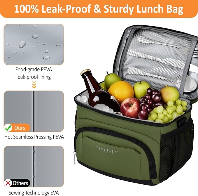 Vankor Large Insulated Lunch Bag for Men Women kids, Reusable Lunch Box kids Leakproof with Adjustable Shoulder Strap for Work Teacher School Picnic Beach Travel, Green