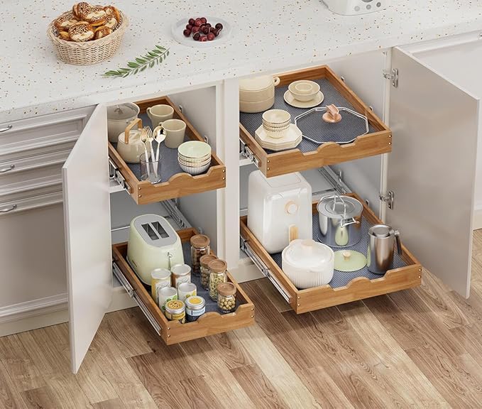 OCG Pull Out Drawers For Cabinets, Slide out Wood Drawer Shelf, Pull Out Shelves for Base Cabinet Organization in Kitchen, Pantry, Bathroom
