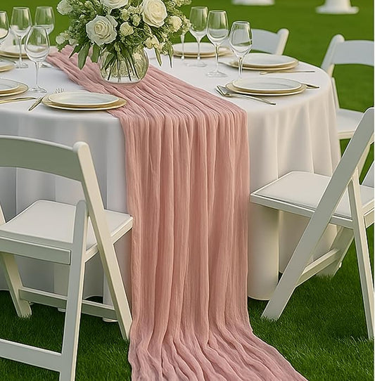 10FT Dusty Pink Cheesecloth Table Runner – 120 Inch Blush Gauze Table Decor for Baby Girl Shower, Bridal Brunch, Mother’s Day, or Romantic Vintage Party Setup