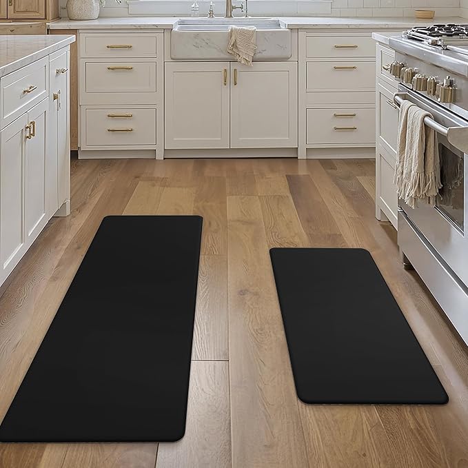 GENIMO Kitchen Mats for Floor 2PCs, Washable Anti Fatigue Mat for Cushioned, 17.3"x47"+17.3"x30", Waterproof Kitchen Rugs, Non Slip Comfort Standing Mat Rug for Home, Sink, Laundry, Pure Black