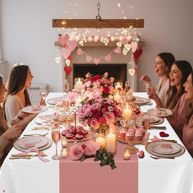 Smiry Plastic Table Cloth Disposable 5 Pack, 54 x 108 Inch Rectangle Waterproof Tablecloth, Printed Gold Table Runner Style for Birthday Weeding, Party, Leakproof & Sturdy, Rose Gold and White