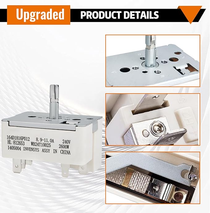 WB24T10025 Surface Burner Range Infinite Control Switch 8 Inch, Replace for AP2024072, 769692, AH236750, EA236750, PS236750,164d1816p012, Compatible with GE, for Kenmore, for Hotpoint Certain Stoves