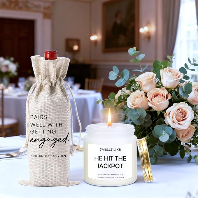 Engaged Engagement Gifts for Couples Her Engagement Party Decorations for Couple Wine Bag Scented Candles Set Pairs Well with Getting Engaged Wine Bag Smell Like He Hit The Jackpot