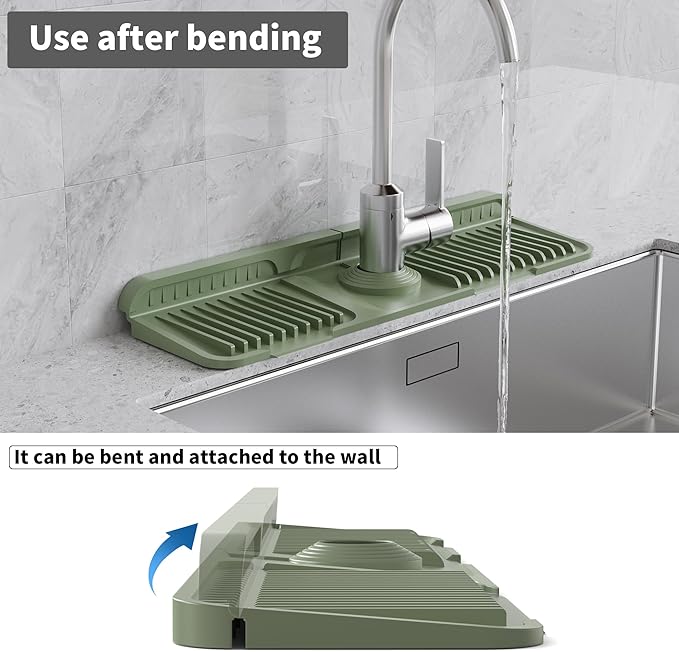 WAFT YEARN 17X5 Inch Silicone Durable Faucet Mat Kitchen Sink Splash Guard Draining Protector Tray Liner Absorbent Protective Counter Accessories For Sink Kitchen Bathroom Laundry Room Bar & RV Green