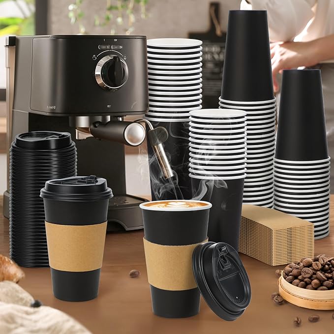 Lamosi 100 Pack 16 oz Disposable Coffee Cups with Lids and Sleeves, Black Leak-Proof To Go Coffee Cups with Lids, Hot/Cold Beverage Black Drinking Cup for Home, Office, Parties, Travel