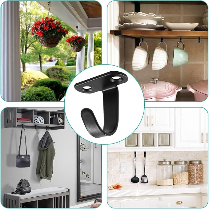 12Pcs Screw Mount Ceiling Hooks Stainless Steel Under-Shelf Towel Hook Heavy Duty Coat Hook Hanger for Kitchen, Cupboard, Cabinet, Bathroom (Matte Black)