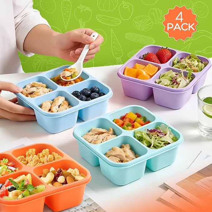 Bento Box Adult Lunch Box- 4 Pack,4 Compartment Snack Containers Reusable Meal Prep Stackable BPA-Free Lunch Containers for Home, Work, Travel (4 Color)