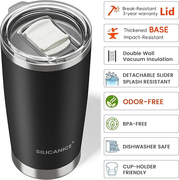 Coffee Tumbler 20 oz, Double Wall Stainless Steel Travel Coffee Mug with Removable Slider Lid, BPA Free, Car Cup Holder Compatible - Gym/Office/Travel/Home - Black