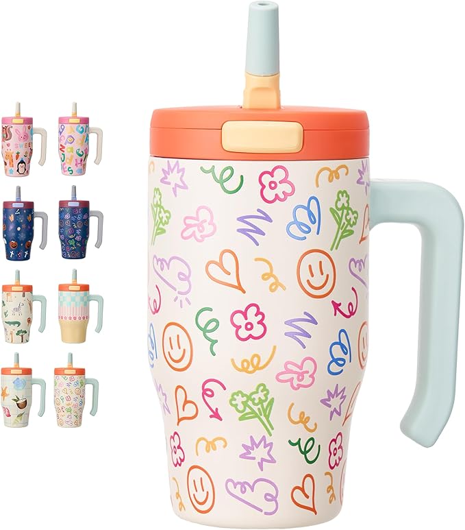 Fijinhom 18 oz Toddler Tumbler with Handle, Stainless Steel Insulated Water Bottle Coffee Mug with Straw, Toddler Cups, Kids Water Bottle for School, Sports, Travel, Creamy Scribs