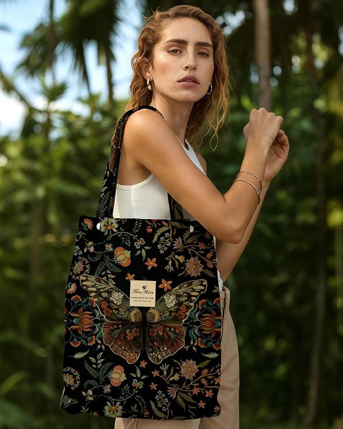 Miss Adola Corduroy Tote Bag for Women - Reusable Totes with Magnetic Buckle & Pocket Aesthetic Design Work Grocery Bags