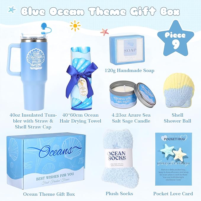 Ocean Gift Baskets for Women, Blue Self Care Spa Gift Set with 40oz Tumbler, Birthday Gift for Women Her Mom Wife Friend, Get Well Soon Gifts, Relaxation Gift Care Package for Women