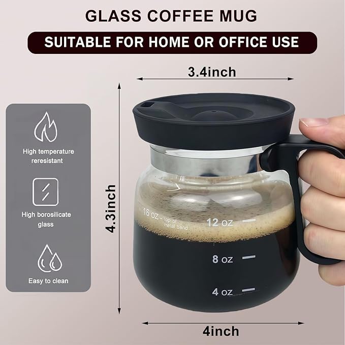 16 Oz Coffee Pot Mug,Mini Coffee Pot Cup,with Spill Proof Lid Heatproof Glass Mug Large Capacity ideal Gift for Coffee Lovers (1pcs)