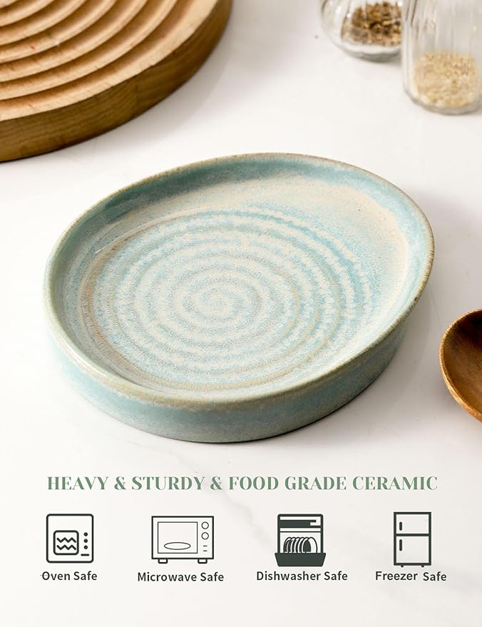 Ceramic Spoon Rest for Stove Top, Spoon Holder for Kitchen Counter, Farmhouse Cooking Utensil Holder for Spoons, Ladles, Spatula, Lake Blue