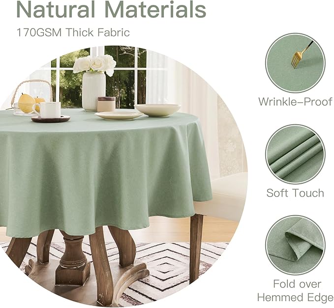 Veblandy Tablecloth Linen Textured Waterproof & Stain Resistant Table Cloth Wrinkle Free Decorative Fabric Farmhouse Table Cover for Dining/Party/Buffet/Wedding, 60 x 60 Inch, Sage Green