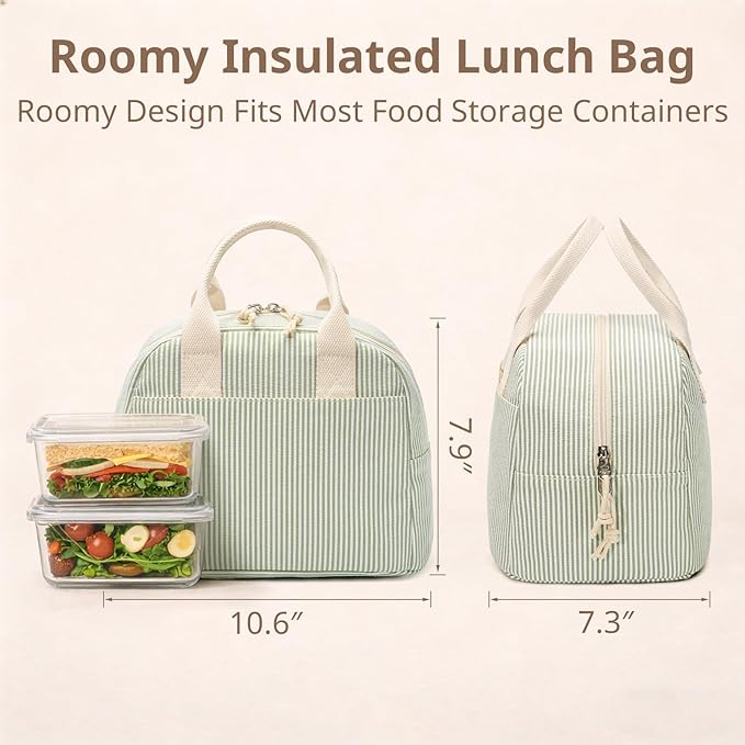 LOVELYWIND Insulated Lunch Bag for Women, Reusable Green Striped Lunch Box Cooler Bag with Large Capacity, Durable Lunch Tote for Work