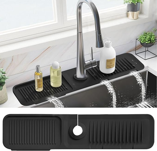 PoYang 24 Inch Faucet Mat for Kitchen Sink Splash Guard Behind Faucet, Sink Protectors for Kitchen Sink Faucet Mat Splash Guard for Kitchen Sink Area, Longer Silicone Faucet Guard Draining Mat, Black