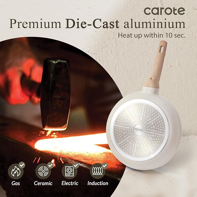 CAROTE Non Stick Frying Pan Skillet, Omelet Pan, Healthy Non Toxic Granite Chef Pan, Induction Compatible Egg Frying Pan with Heat-Resistant Handle, PFOA-Free,Cream White, 10"