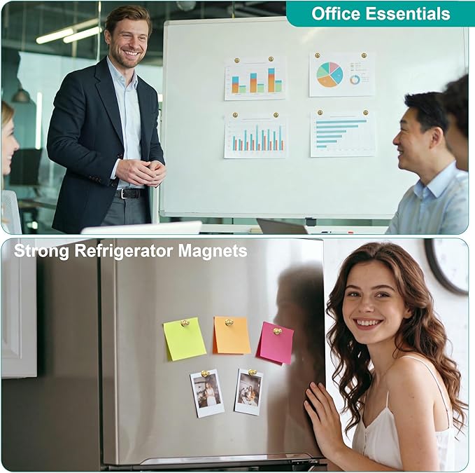 Metallic Magnets, Refrigerator Magnets, 24 Pack Gold Magnetic Push Pins, Strong Fridge Magnets, Multi-use Whiteboard Magnets Perfect for Kitchen Office Classroom