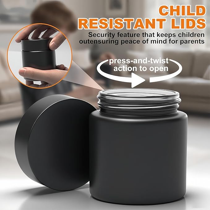 Smell Proof Jar(4 oz),4 Pack Air Tight Herb Container,Thick UV Resistant Jar with Child-Resistant Lid,Black Glass Storage Jars for Coffee/Herb/Tea