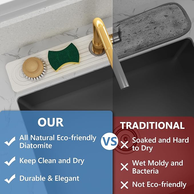 24'' Longer Faucet Mat for Kitchen Sink [Diatomite Stone Super Fast Drying] Stone Faucet Mat for Kitchen Sink Splash Guard Sink Stone Quick Dry around Faucet Stone Drying Mat Bathroom Quick Drying Mat