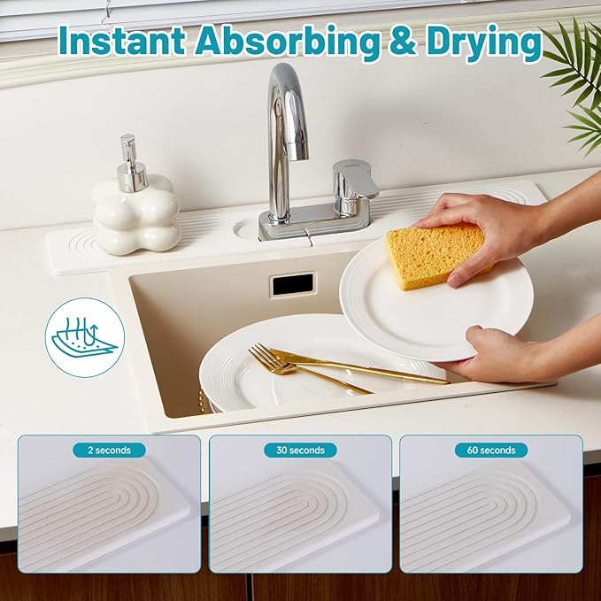 Stone Faucet Mat for Kitchen Sink with Oval Hole – 23.6" × 3.9" Diatomite Drying Stone Mat & Sink Protector, Quick-Dry Splash Guard Water-Absorbing Tray for Bathroom Counter（White.23.6" x 3.9"）