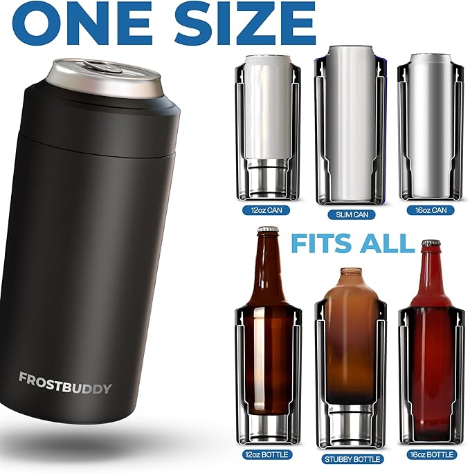 Frost Buddy Universal Can Cooler - Fits all - Stainless Steel Can Cooler for 12 oz & 16 oz Regular or Slim Cans & Bottles - Stainless Steel (Diamond Plate - Silver)